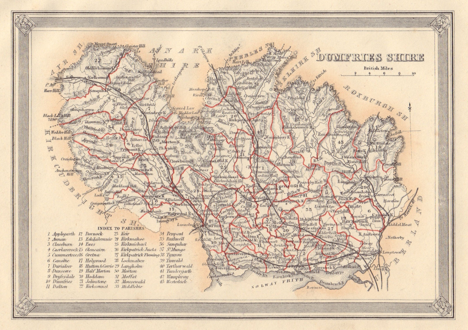 Decorative antique county map of Dumfriesshire, Scotland. FULLARTON 1866